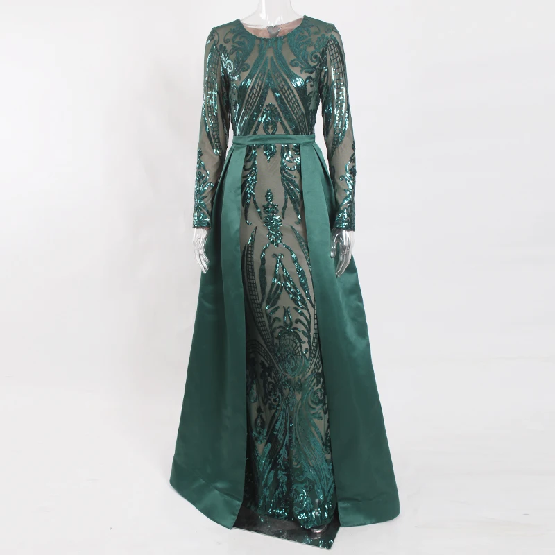 Бургундское бальное платье с блестками О-образным вырезом с длинными рукавами длиной до пола эластичное вечернее платье осень зима зеленый - Цвет: Зеленый