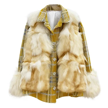 

rf2059 Two Piece Set Real Fox Fur Vest with Plaid Wool Jacket Single Breasted Woman's Real Fur Vest with Woolen Coat