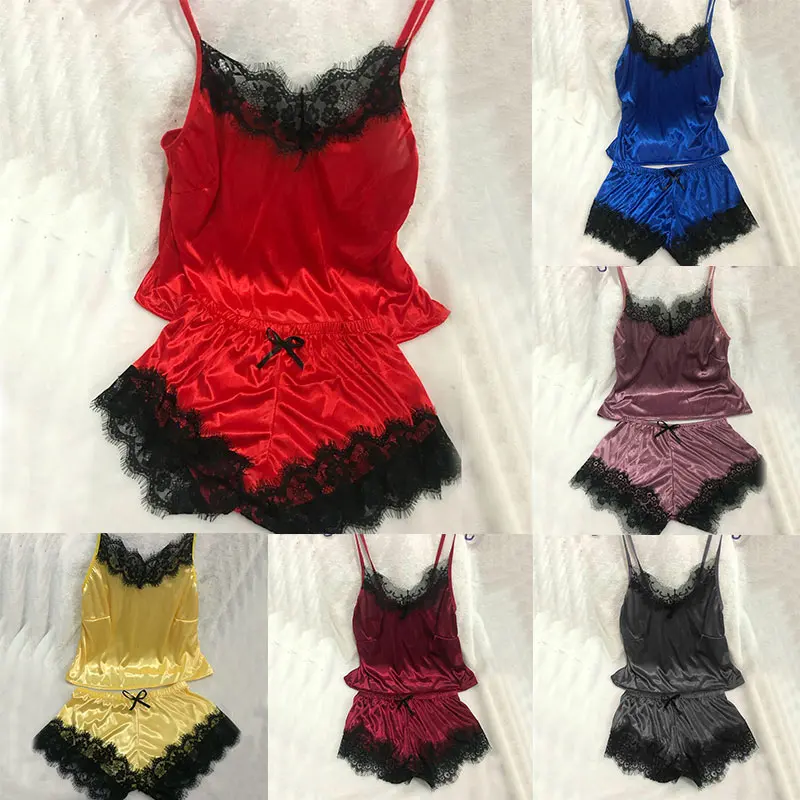 

1Set Elastic Soft Lace Sexy Satin Pajama Comfortable Cute Top and Shorts Women's Sleepwear V-Neck Pyjamas Sleeveless