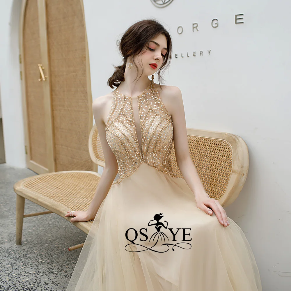 QSYYE/2019 Новое поступление, длинные платья для выпускного вечера, фатиновое платье на бретельках, украшенное бисером с длиной до пола