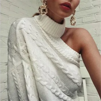 

Trendy Women clothes Long Sleeve Knitted One Shoulder Sweater solid Turtle Neck pullover Outwear one pieces