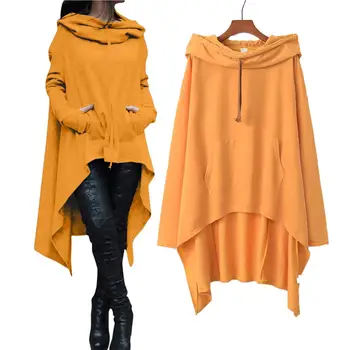 

Women's autumn and winter solid color long casual hoodie long sleeve irregular loose sweatshirt gloves sleeves