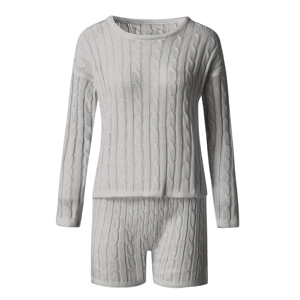 2020 Two Piece Sweater Set Women Knitted Twist Long Sleeve Crop Tops + Bodycon Shorts Sexy Outfit Suit Autumn Streetwear Sets