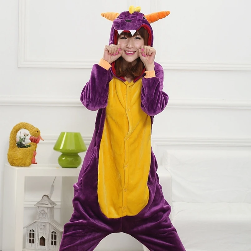 Для взрослых кигуруми Onesie аниме женский костюм фиолетовый дракон Хэллоуин косплей мультфильм животных пижамы зима теплая Пижама с капюшоном