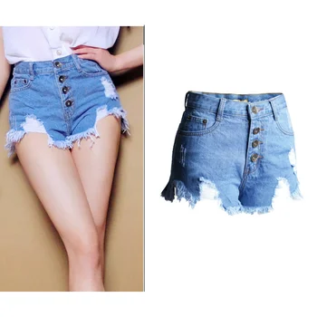 

Summer Women Denim Shorts Large Size Ripped Hole Jean Shorts Women Casual High Waist Sexy Short Jeans Blue Tassels Cotton Shorts