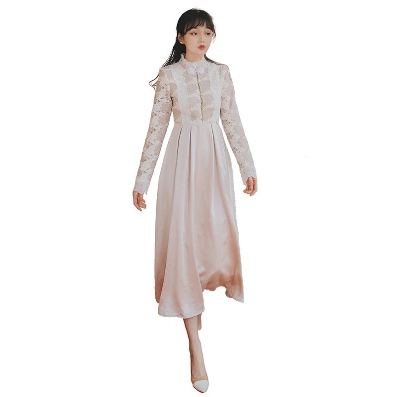 

Lace Long Women Dress Beige Evening Party Dresses 2020 Spring Vestidos Vintage Lady Full Sleeve Stand Neck Lace Dress Elegant