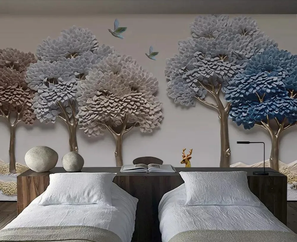 XUE SU Wall covering custom large-scale wallpaper 3D three-dimensional reliefs fortune tree elk background wall