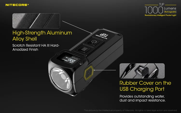 Tup com Cabo de Carga Nitecore Inoxidável Metálico Chaveiro Luz Edc Lanterna Botão Chave Lâmpada Usb 1000 Lms Aço 8 Luzes e Iluminação