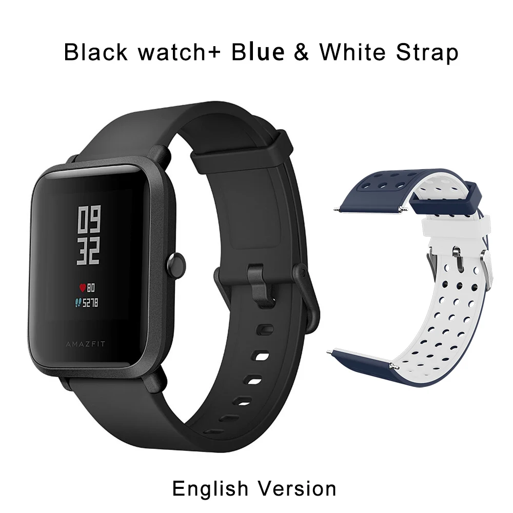 Новые английские оригинальные Huami Amazfit Bip спортивные Смарт-часы gps Smartwatch глонесс монитор сердечного ритма 45 дней фитнес-трекер - Цвет: Black add blue strap