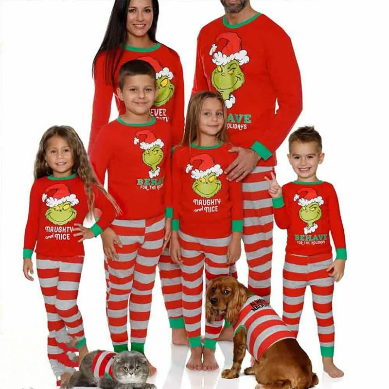 

Family Matching Christmas Pajamas Sets Adults Men Women Kids Boys Girls Striped Cartoon Nightwear Autumn Winter Home Clothes