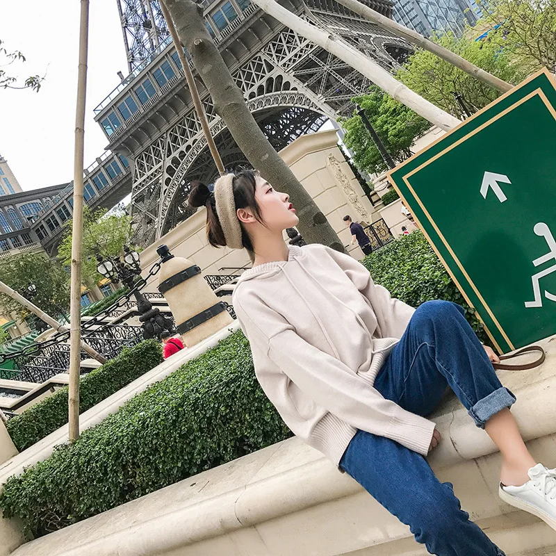 Женский вязаный свитер Harajuku с капюшоном, длинный рукав, эластичные однотонные пуловеры, Женские повседневные шикарные топы, женская зимняя одежда