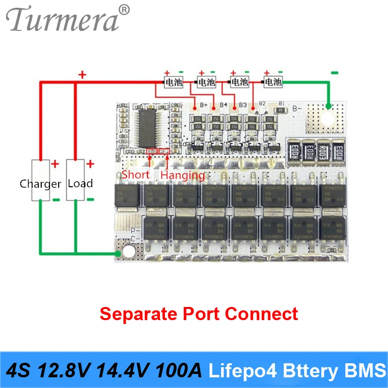 Turmera 4S 14.4V 100A BMS 32650 32700 LiFePO4 LMO Lithium Battery Protection Board PCB BMS 4S Circuit Module for 12.8v 14.4V BMS 07