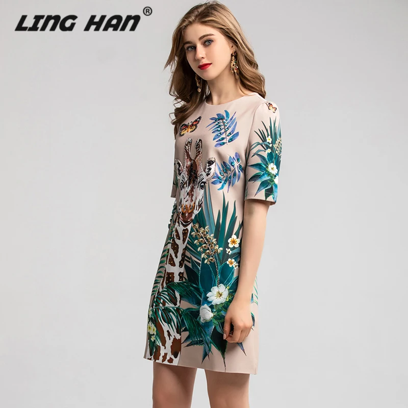 LINGHAN модное мини-платье с бисером для женщин Vestidos с бриллиантовым принтом, платья с коротким рукавом для вечеринок, дизайнерские Весенние Новые