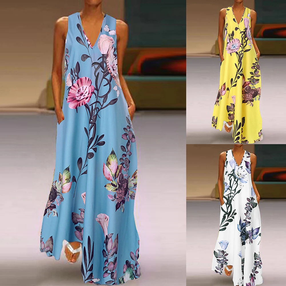 SFIT женский Сарафан длинное макси Vestidos модное летнее богемное платье с цветочным принтом женская Повседневная длинная туника с карманами