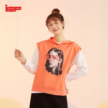 

IEF Spring Summer Set Women Sweety White Oneck Tshirt And Hooded Sleeveless Character Printing Pullover Tops 0N13A-D6321-