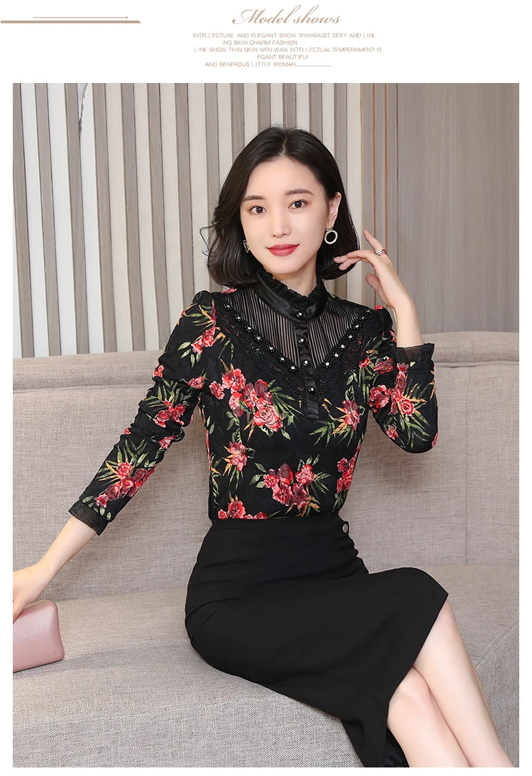 Dingaozlz, S-4XL, теплая, новинка, плюс размер, женская одежда, модная, с цветочным принтом, топы, зима, плюс бархат, толстая, с бисером, кружевная блузка, рубашка