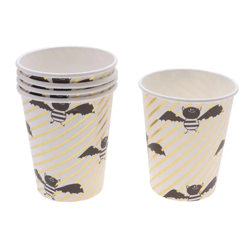 

10pcs Disposable Cups Golden Stripe Cups Set Cute Bat Pattern Paper Tableware Halloween Party Supplies for Festival
