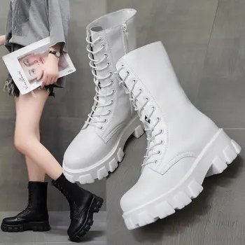 

Korean women's shoes 2020 new White Street strap side zipper thick bottom motorcycle short boots women's boots