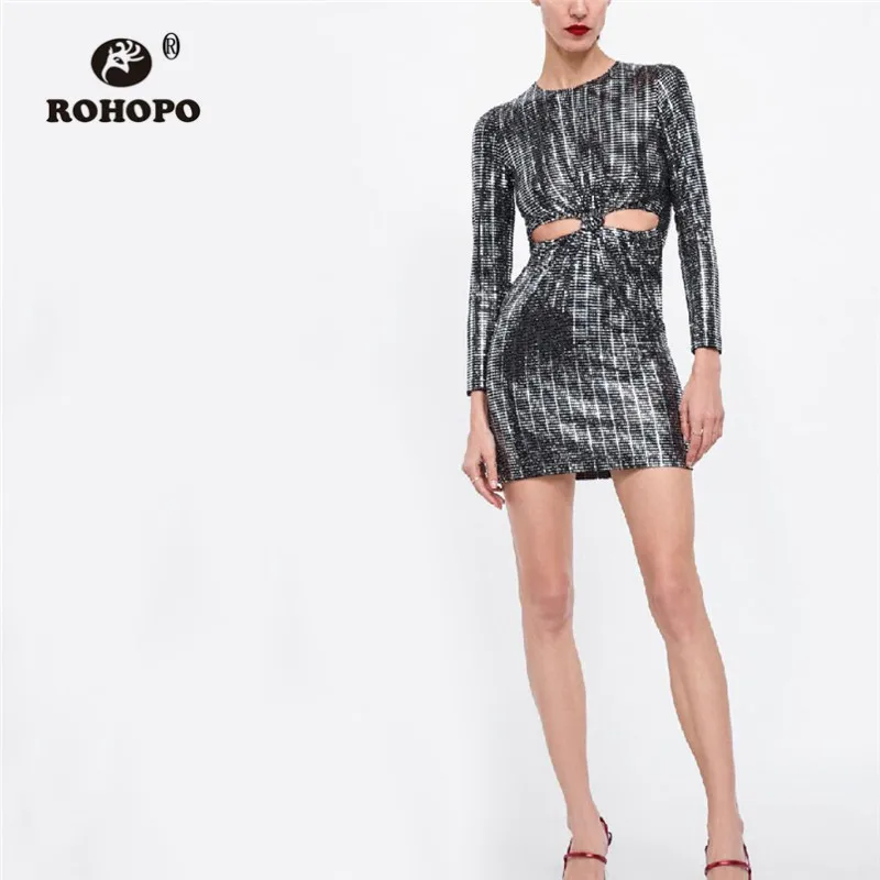 ROHOPO футболка с круглым вырезом длинными рукавами и блеск блестками вечерние