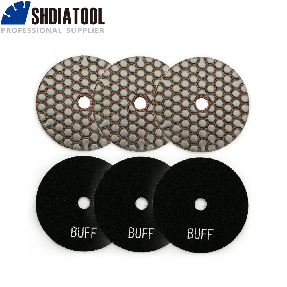 SHDIATOOL 6pcs Diameter 100mm/4inch Resin Bond Diamond Flexible Polishing Pads #Black Buff Dry Sanding Discs