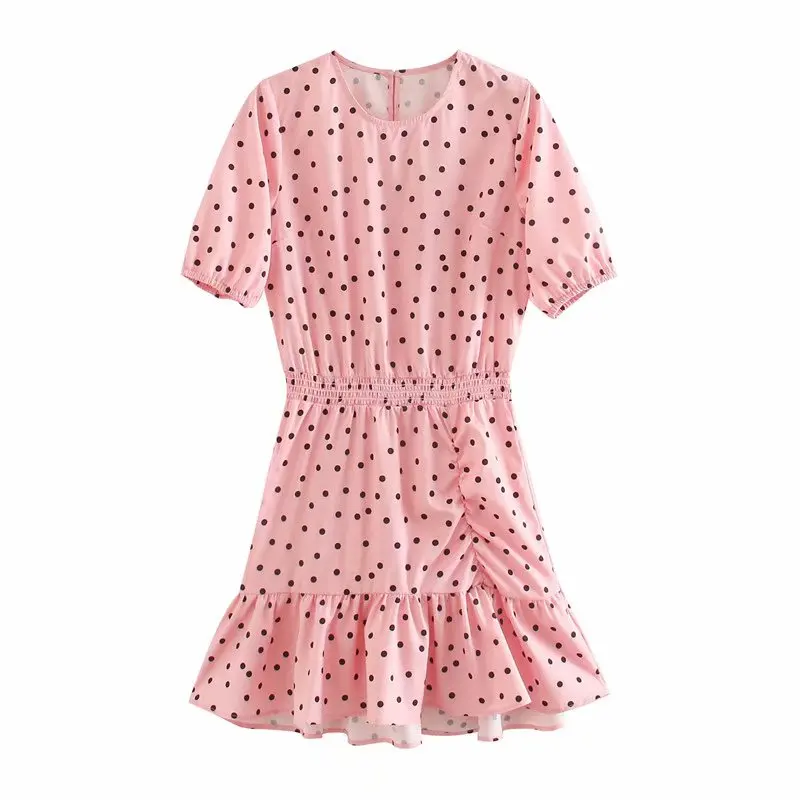 2020 Women sweet o neck polka dot print pink mini Dress female short sleeve Vestido Chic hem pleat ruffles casual Dresses DS3787 2020 Women sweet o neck polka dot print pink mini Dress female short sleeve Vestido Chic hem pleat ruffles casual Dresses DS3787