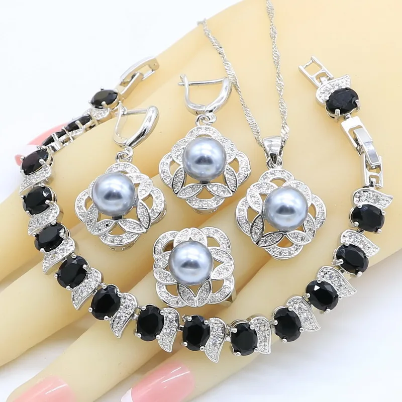 

Gray Pearl 925 Sterling Silver Jewelry Sets for Women Black Zircon Bracelet Earrings Necklace Pendant Rings Gift Box
