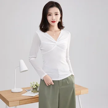 

Ladies new V-neck solid color long-sleeved thin chiffon T-shirt red