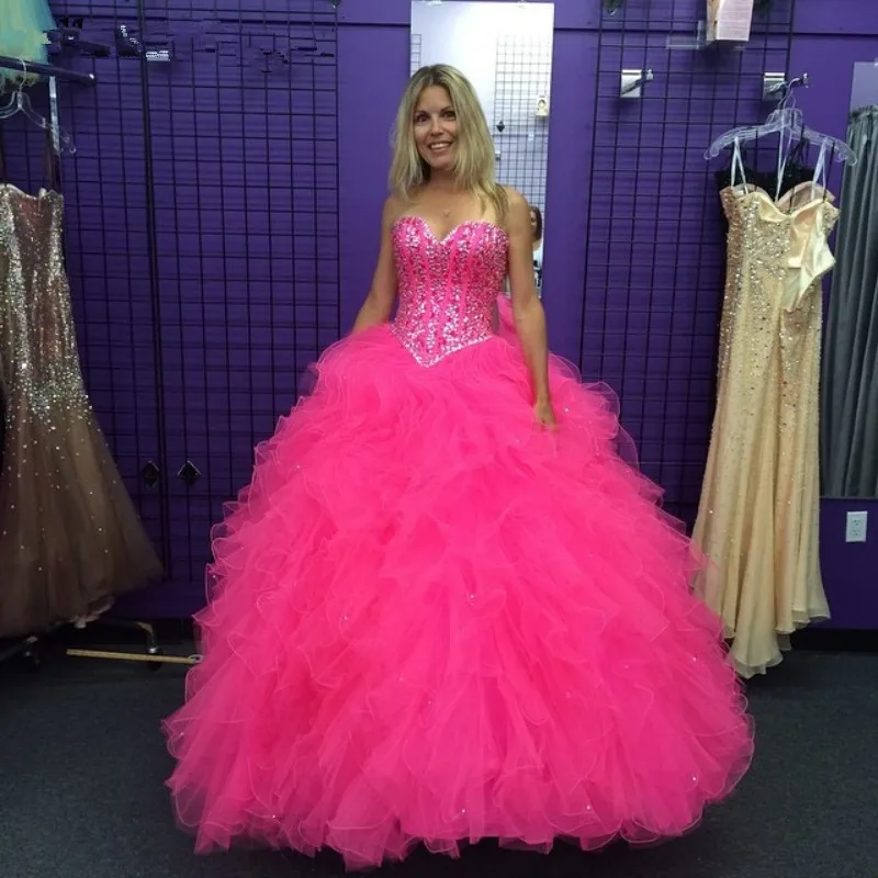 

Hot Pink Elegant Quinceanera Dresses with Frils 2019 Real Pictures Sexy Lace up Crystal Ball Gowns Sweet 15 16 Prom Gowns