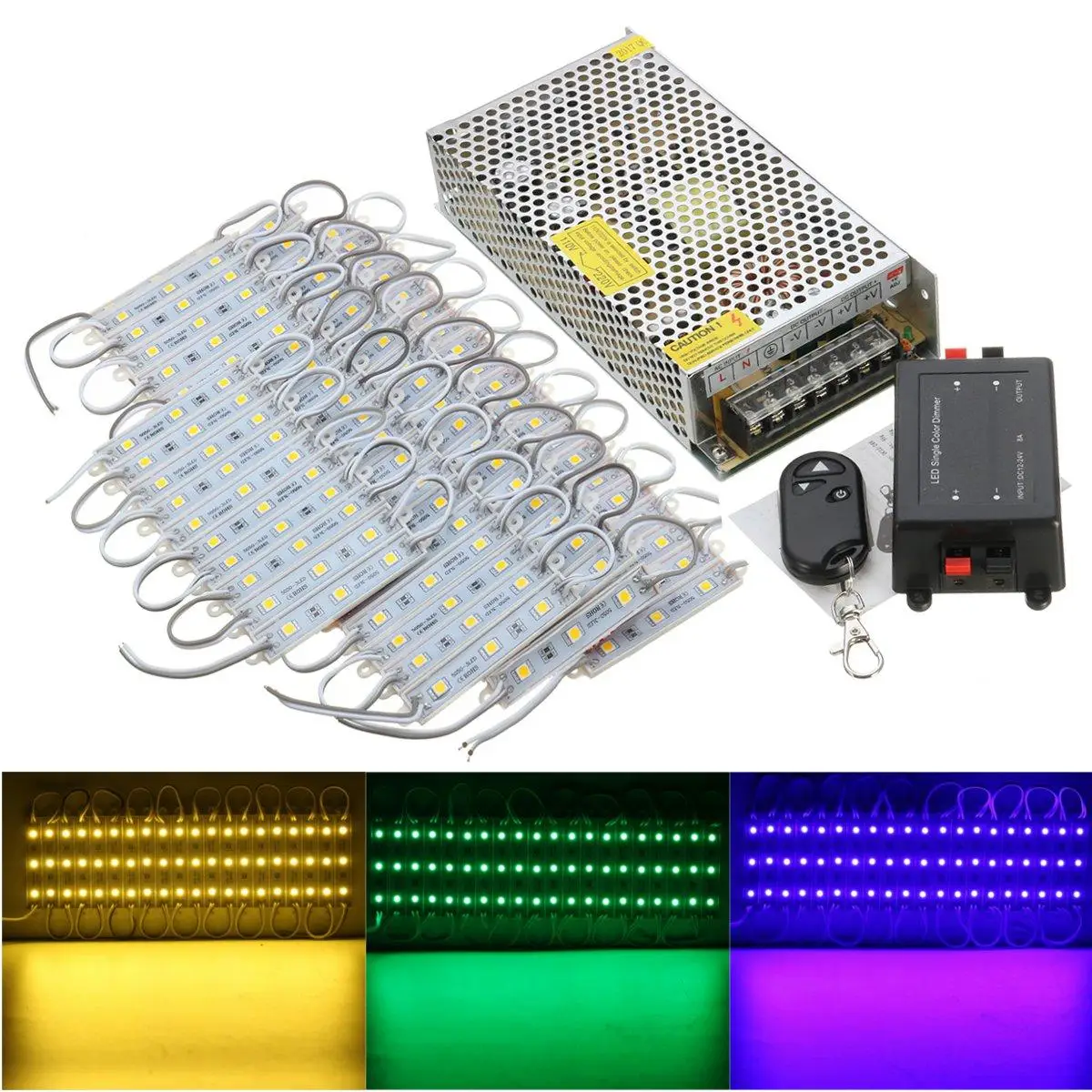 

70PCS LED Module 3 LED 5 Colors SMD5050 LED Module Store Strip Light Front Window Lamp + Power Supply + Remote DC12V