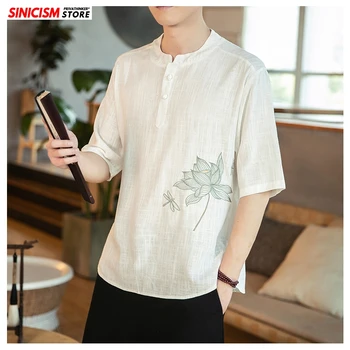

Sinicism Store 2020 Embroidery Casual Linen TShirts Men Plus Size Summer Tops Loose Mens TShirts Male Vintage Chinese Style Tees