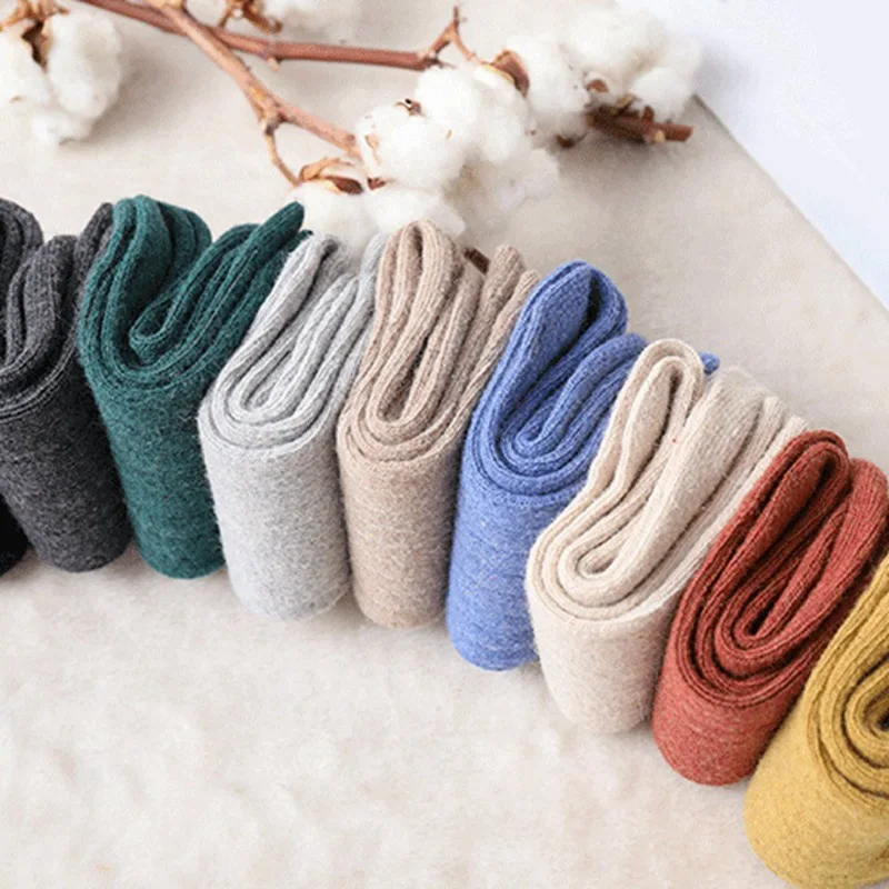 5 Pairs Autumn And Winter New Thickened Medium Tube Woolen Socks For Women Warm Pure Color Socks
