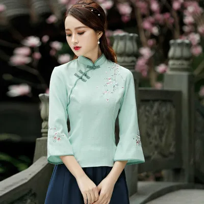 green top Розовые рубашки в китайском стиле хлопковые топы Чонсам с коротким рукавом Qipao рубашки винтажная блузка традиционная китайская одежда для женщин - Цвет: green top