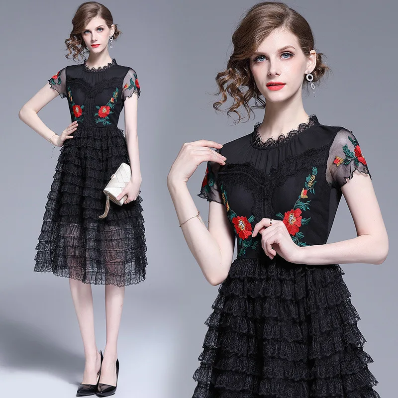 

Ozhouzhan 2019 Spring And Summer Transparent Gauze Joint Layers Cake Dress Lace Dress Women's Mid-length Tutu