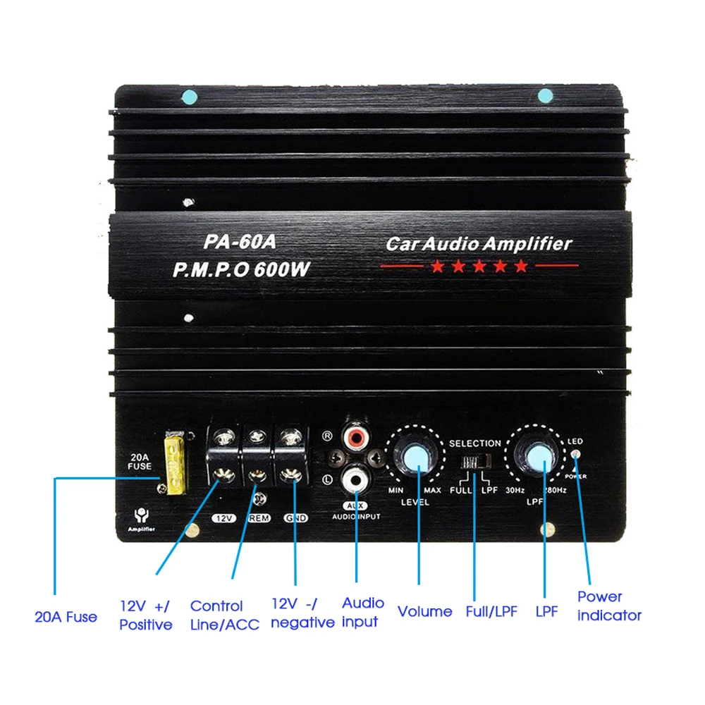 New 12V 600W PA-60A Speaker Subwoofer Bass Module High Power Car Audio Accessories Mono Channel Durable Lossless Amplifier Board