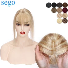 

SEGO 6x9cm 100% Human Hair Silk Base Small Hair Toppers With Bangs For Women Natural Clip in Top Hairpiece Indian Hair