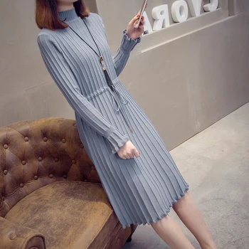 

Women's sweaters 2019 Fall and Winter knitted skirt flare sleeve stand collar flounce Collect waist Knee-length plus-size skirt
