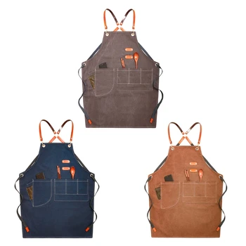 

Chef Apron Cotton Canvas Cross Back Adjustable Apron with Pockets for Women and Men, Kitchen Cooking Baking Bib Apron, A