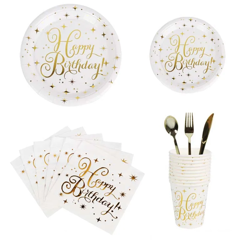 

Happy Birthday Gold Disposable Tableware Birthday Party Decorations Kids Adult Bronzing Dot Paper Cup Plate Wedding Party Supply