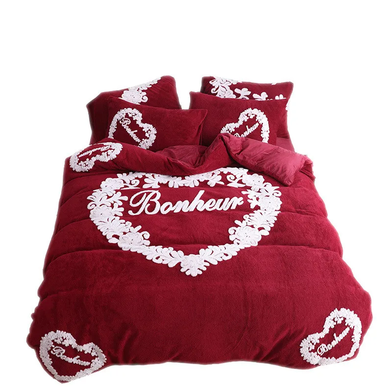 Winter Bedding Set Warm Crystal Velvet Duvet Cover Set Red Wedding