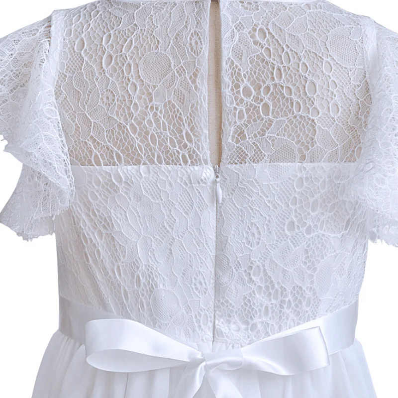 Girl Princess Vintage Lace Dress Long Child Gauze Floral Vestido Bow White Ivory Birthday Party Wedding Baby Clothes 4-13Y