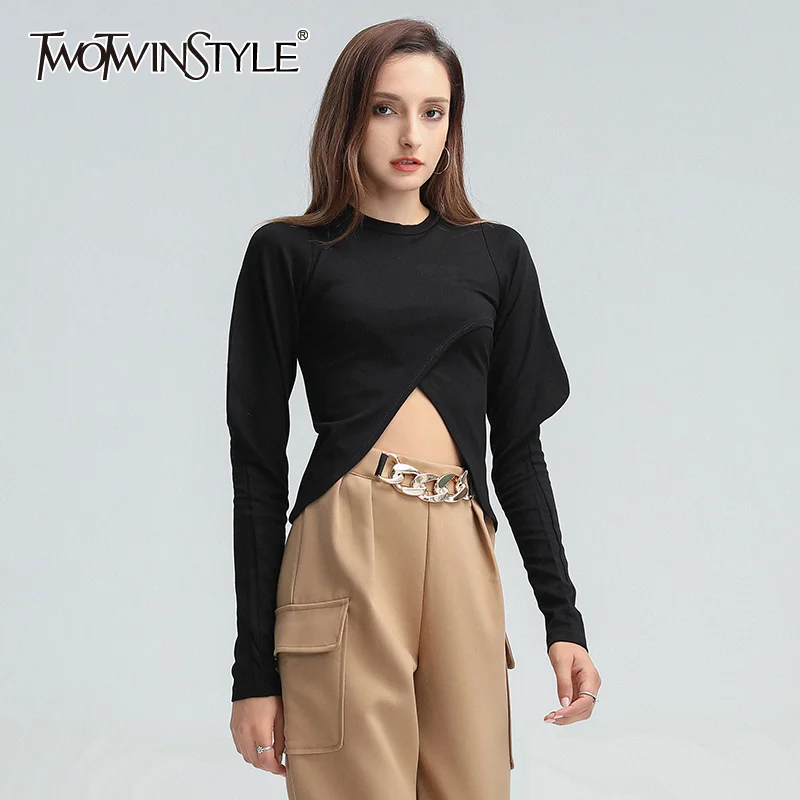 

TWOTWINSTYLE Black Slim Tops For Women O Neck Puff Sleeve Front Split Solid T Shirt Female Fashion New Clothing 2020 Autumn Tide