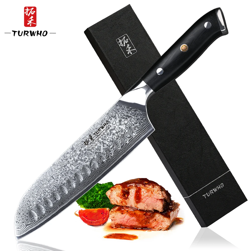 

TURWHO 7'' inch Santoku Kitchen Knives 67 layers Damascus Steel Chef Knife Dealing with Meat Fruit Vegetables G10 Handle