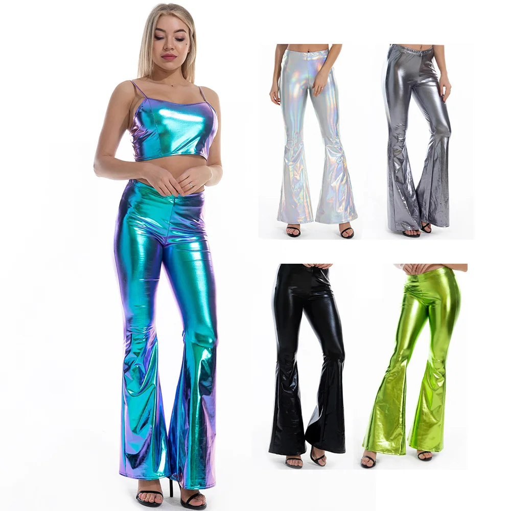 

pole dance rave clothes holographic clothes women bras metallic flared pants rave costumes hip hop sexy night club bellbottoms