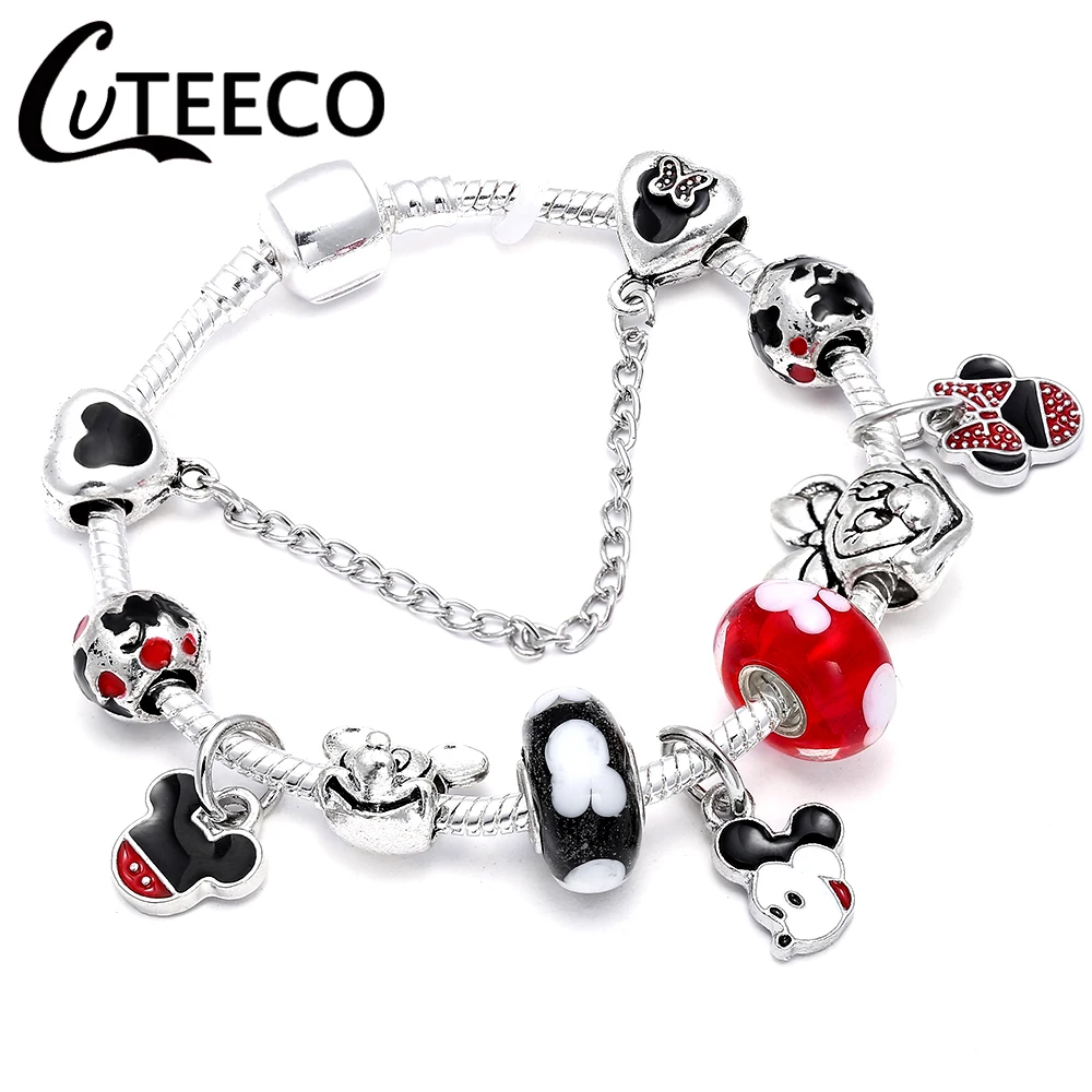 CUTEECO старинные серебряные талисманы браслеты для женщин Новые Микки хрустальные бусины для рукоделия Fit брендовый браслет для женщин Pulseira ювелирные изделия