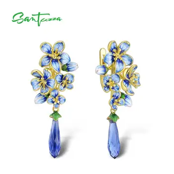 

Santuzza Silver Earrings For Women 925 Sterling Silver Gold Color Exquisite Flowers Drop Earrings Fine Jewelry Handmade Enamel