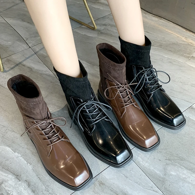 

Flat Heel Autumn Boots Shoes Round Toe Bootee Woman 2019 Lace Up Low Heels booties Martins For Women Booties Ladies Luxury