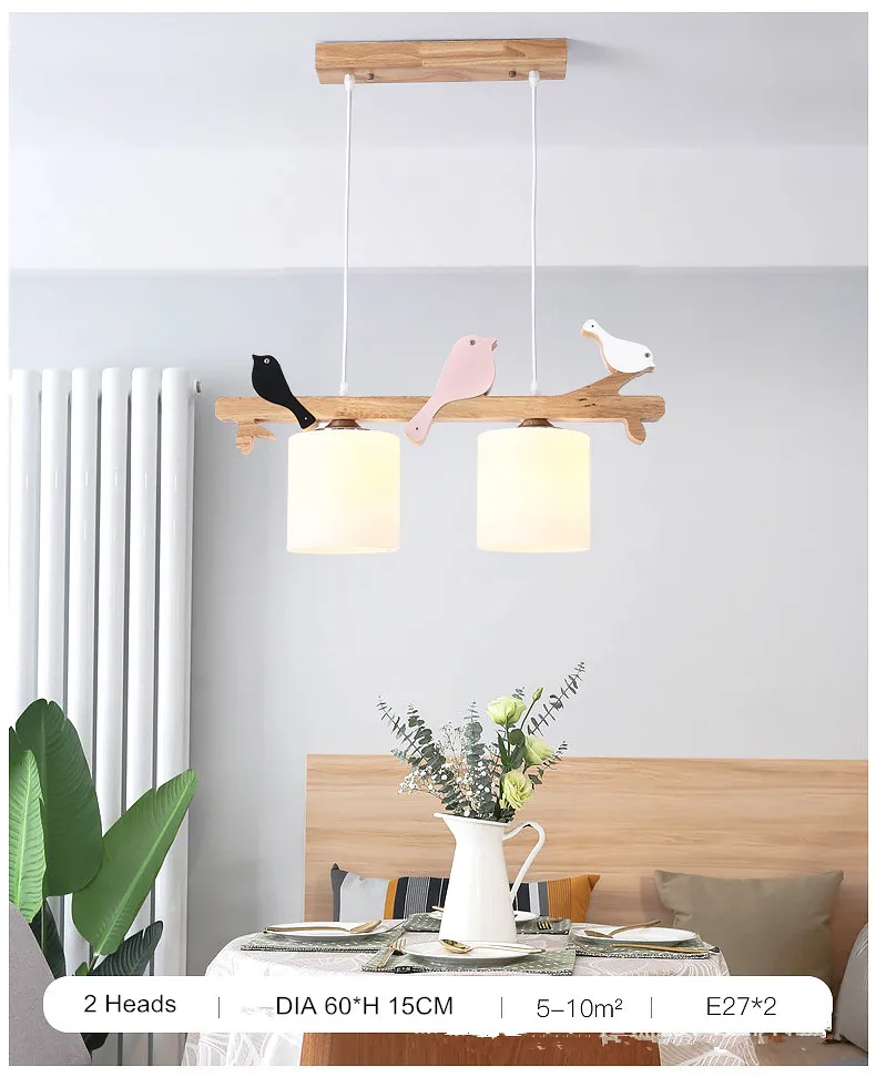 Скандинавский чердак, трехголовая Люстра для ресторана, креативный подвесной светильник из твердой древесины с птицами для столовой, стола, бара, кабинета