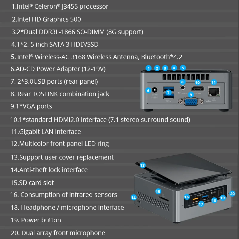 Оригинальный мини ПК Intel NUC6CAYH Celeron J3455 двойной DDR3L Windows 10 Pro Wi Fi Bluetooth 4K офисные