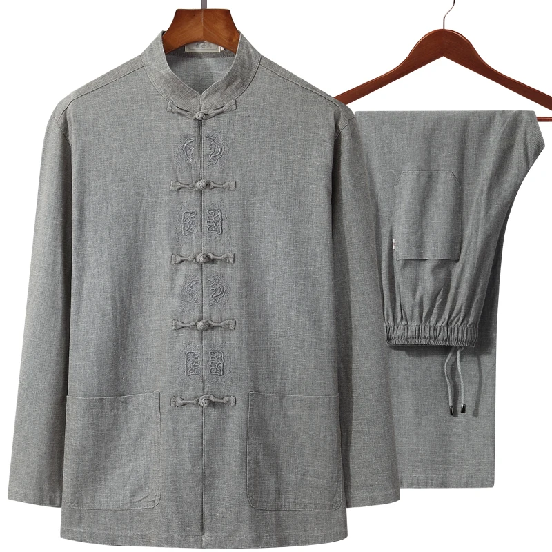 7 Высокое качество, хлопок, лен, 4XL, мужской костюм кунг-фу Тай Чи, серый, классический, Wu Shu, одежда, повседневный комплект для сна, 2 шт., большой размер 4XL - Цвет: 7
