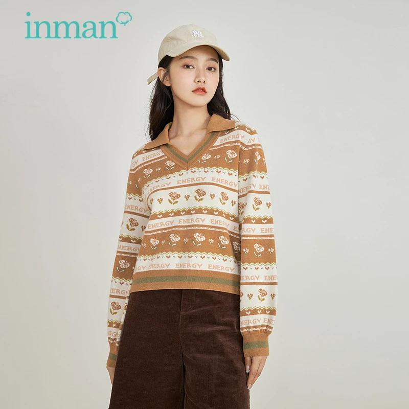 

Женский свитер INMAN, весенне-осенний Милый Винтажный свободный трикотажный пуловер контрастных цветов с v-образным вырезом